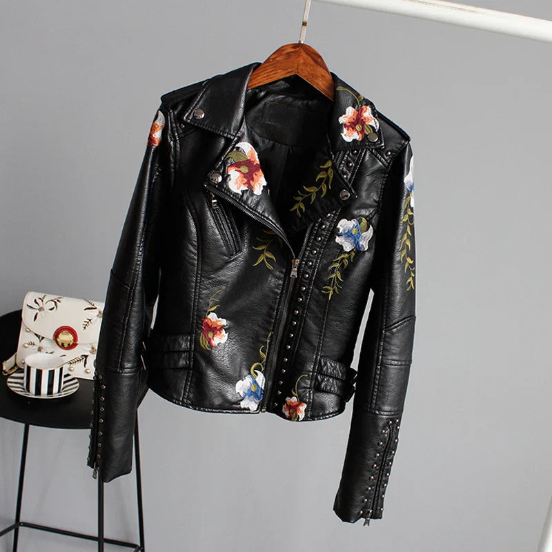 Embroidery Faux Soft Leather Rivet Jacket