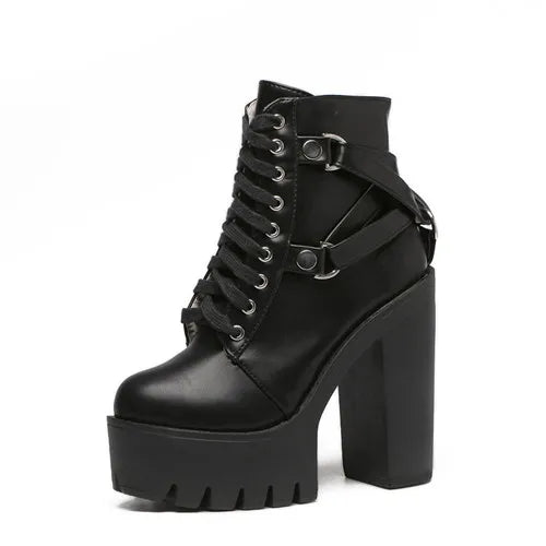 Black Boots Lace-up Soft Leather Platform Shoes