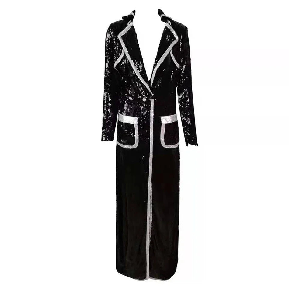 Black Sequins V-Neck Double-Breasted Full Sleeved Long Jacket