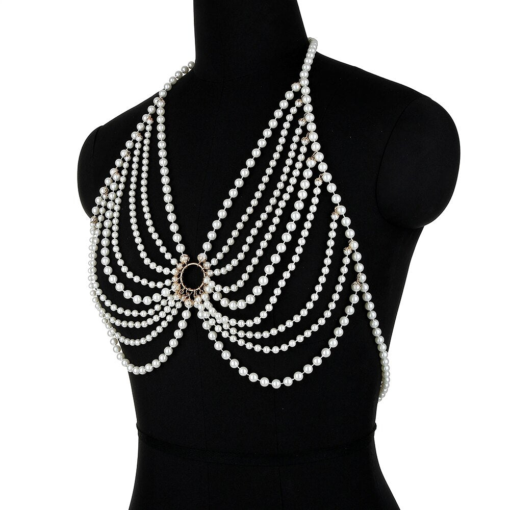 Adjustable Halter Pearl Sling Bra Chain