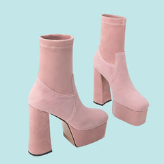 Thick Platform Flock Solid Ankle Boots