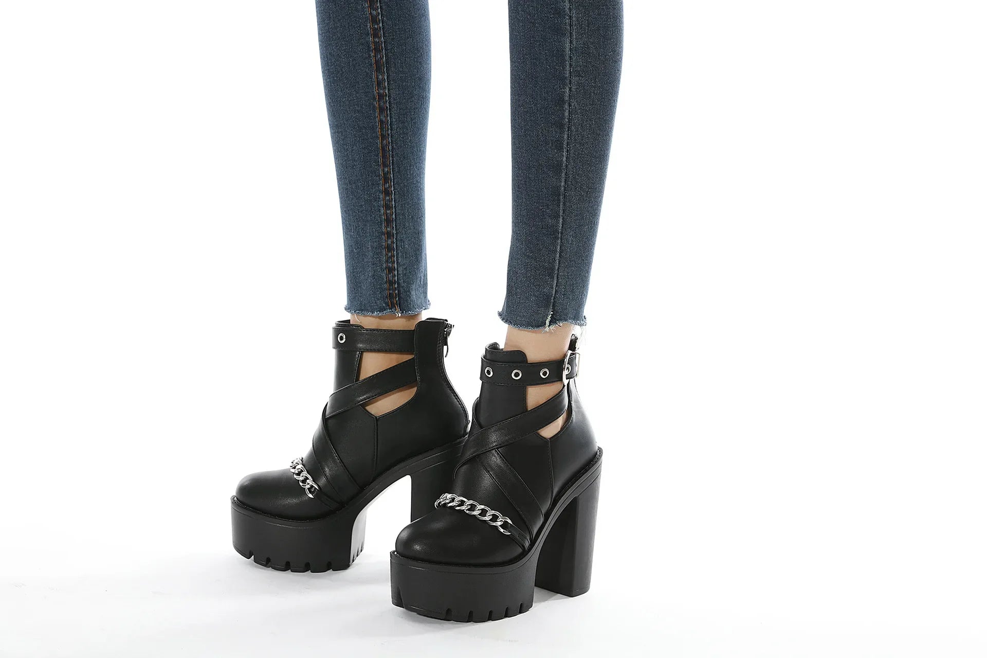 Cut-outs Buckle Chain Thick Heels Platform Boots