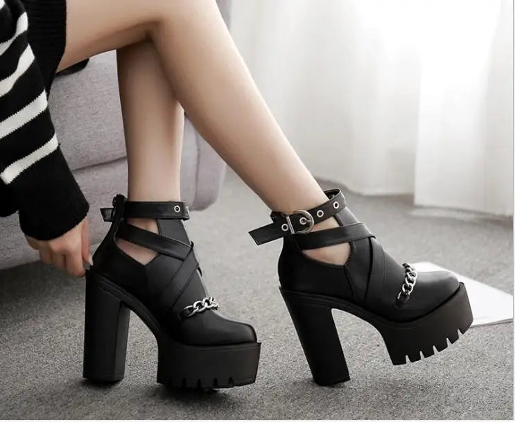 Cut-outs Buckle Chain Thick Heels Platform Boots