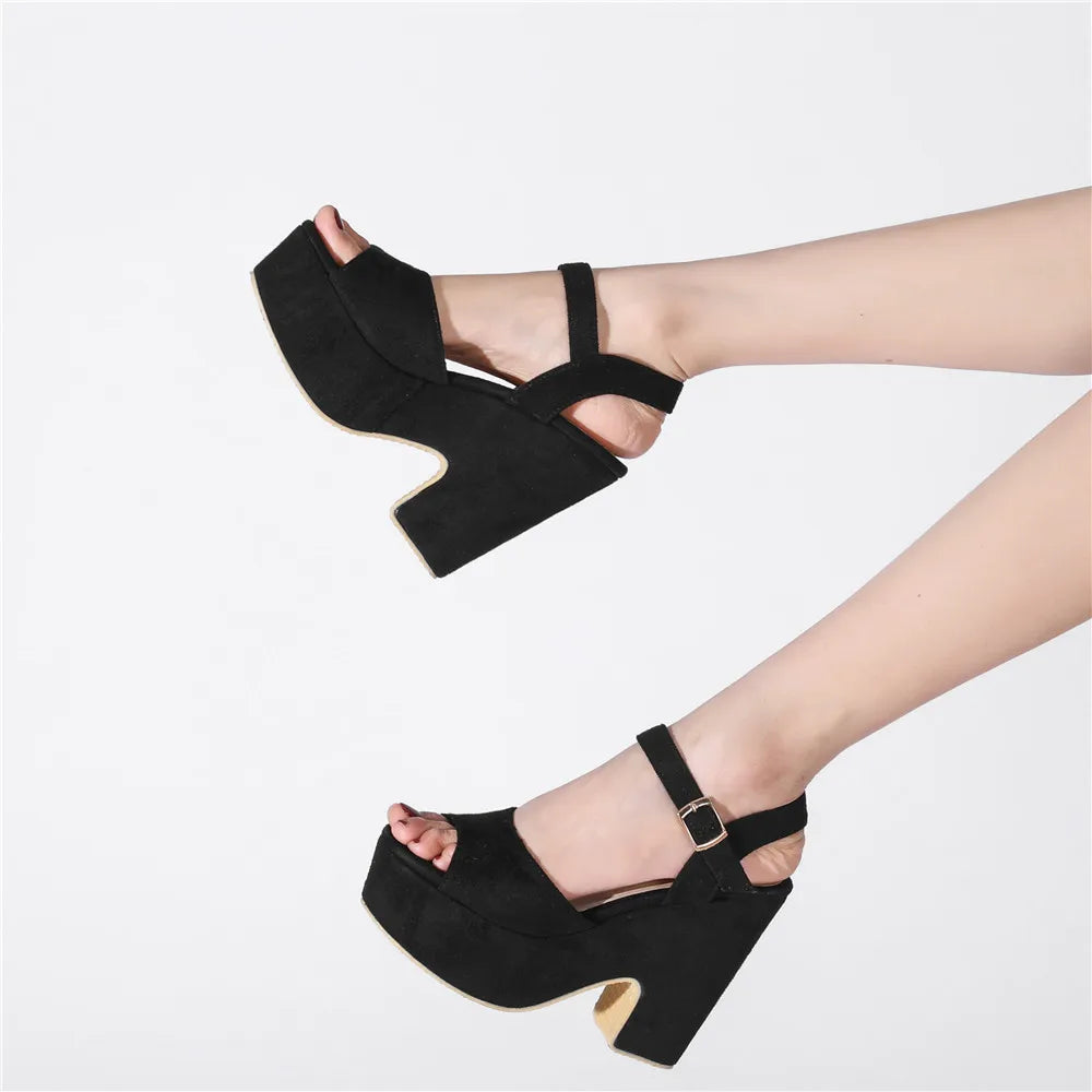 Ankle Strap Buckle Ladies Flock Wedge Shoes