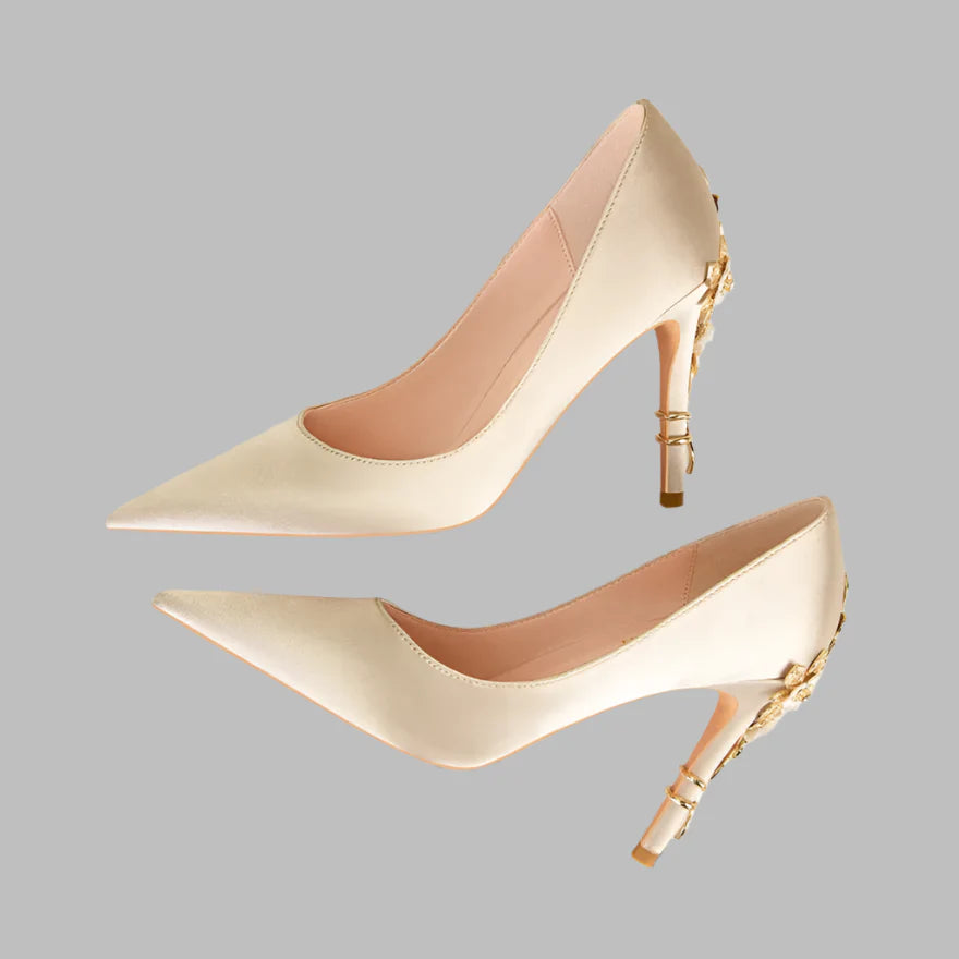 Metal Flowers Heel Crystal Pointed Soft Silk Shoes