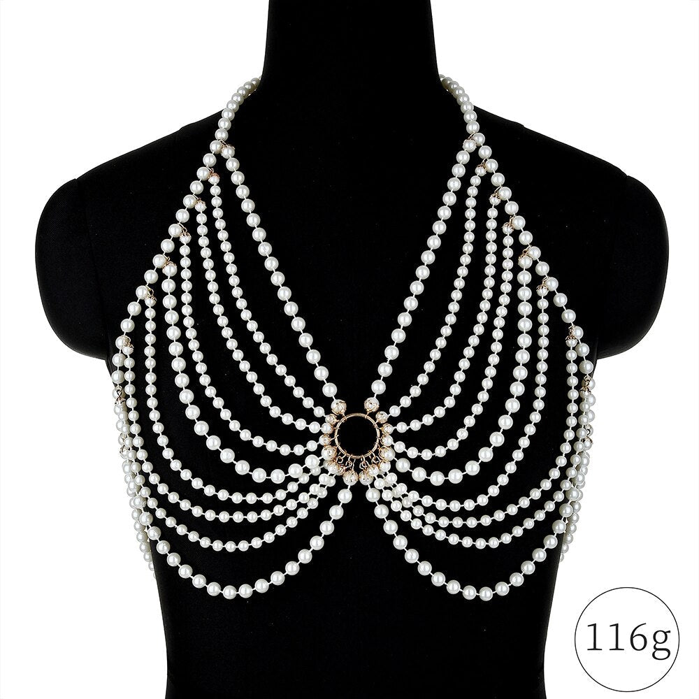 Adjustable Halter Pearl Sling Bra Chain