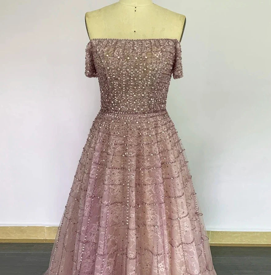 Sequined Handmade Off Shoulder Short Sleeves Beading Gowns