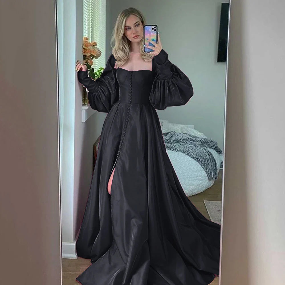 Bishop Sleeves High Slit Taffeta Long Gowns