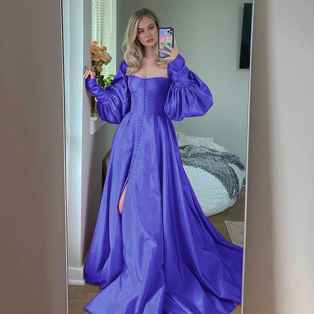 Bishop Sleeves High Slit Taffeta Long Gowns