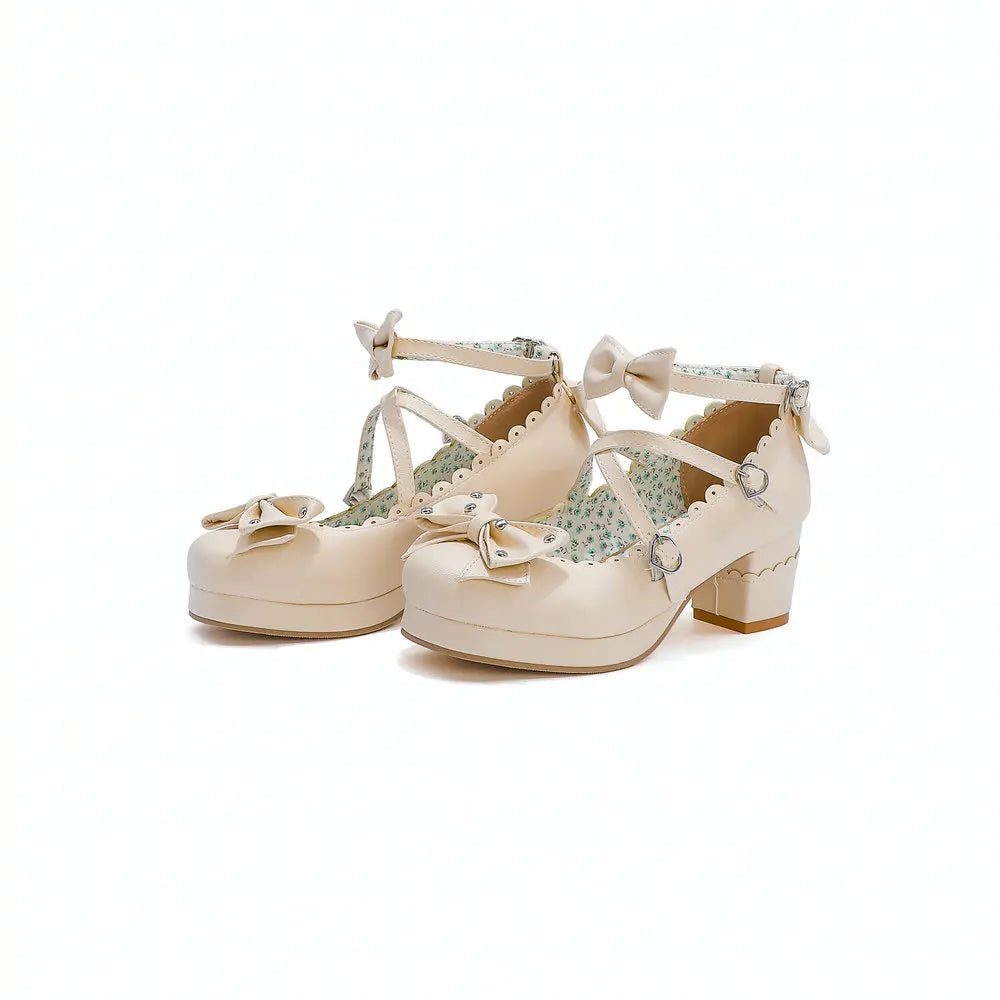 Bows Cross Strap Block Heel Mary Jane Pumps