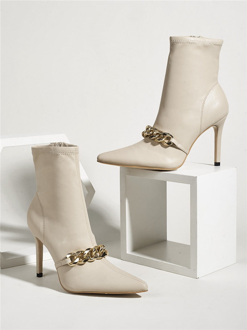 Gold Chain Detail Pointed-Toe Ankle White Boots