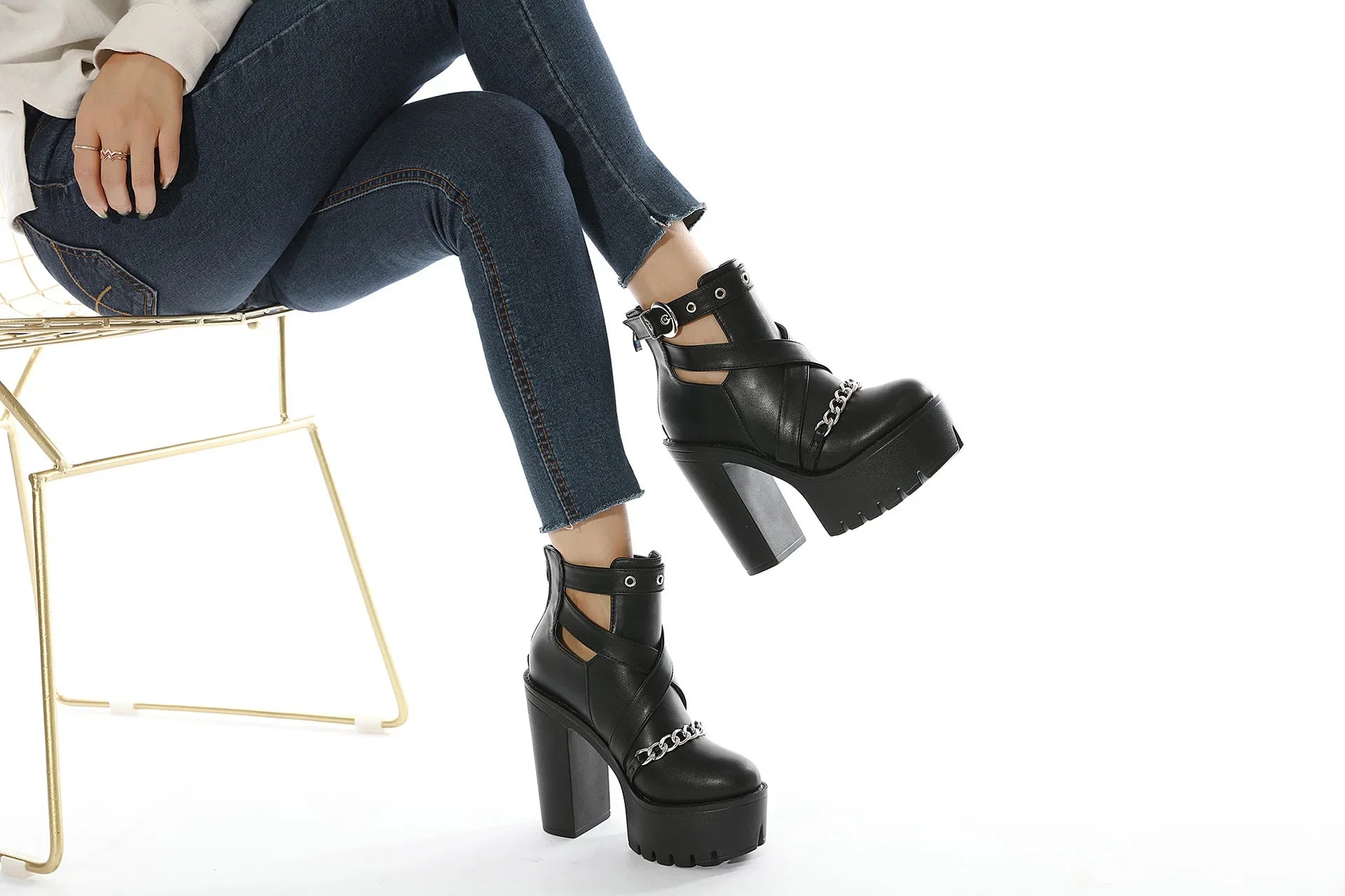 Cut-outs Buckle Chain Thick Heels Platform Boots