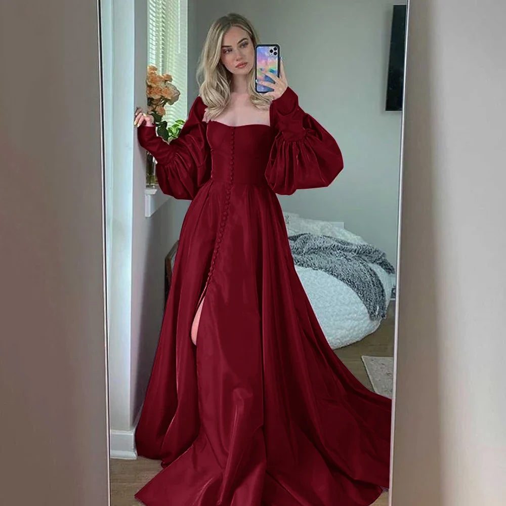 Bishop Sleeves High Slit Taffeta Long Gowns