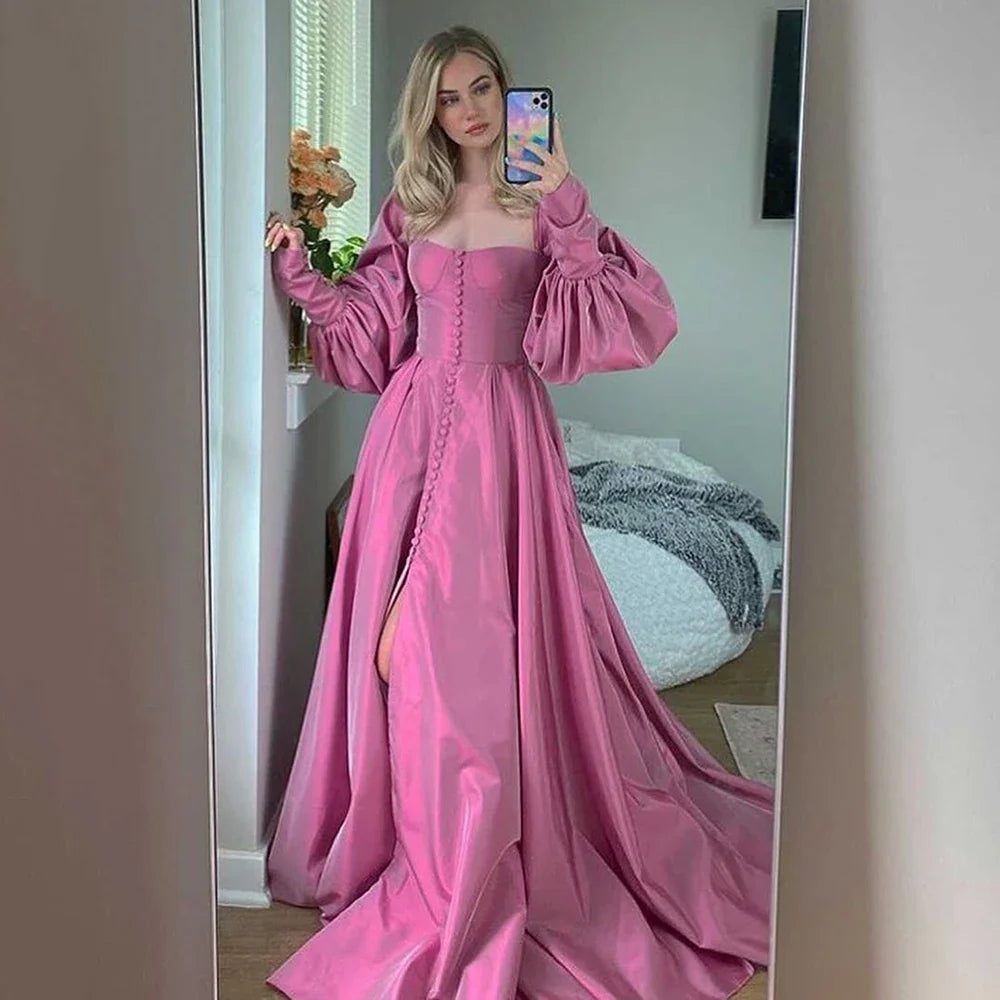 Bishop Sleeves High Slit Taffeta Long Gowns