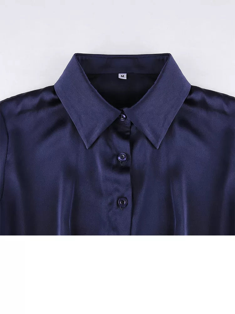 Blue Satin Shirt Mini Dress With Flared cuffs