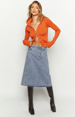 Jas Mid Wash Mid Waist Denim Midi Skirt