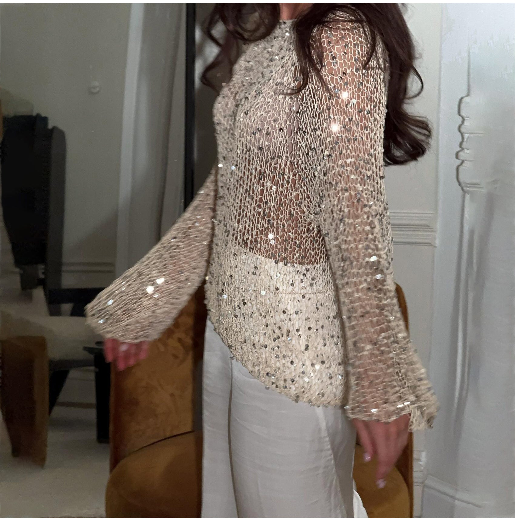 Sequin Knit Sheer Long Sleeve Blouse