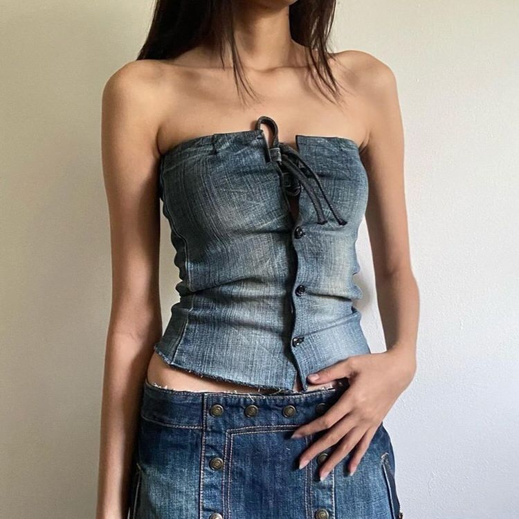 Lace Up Denim Corset Top