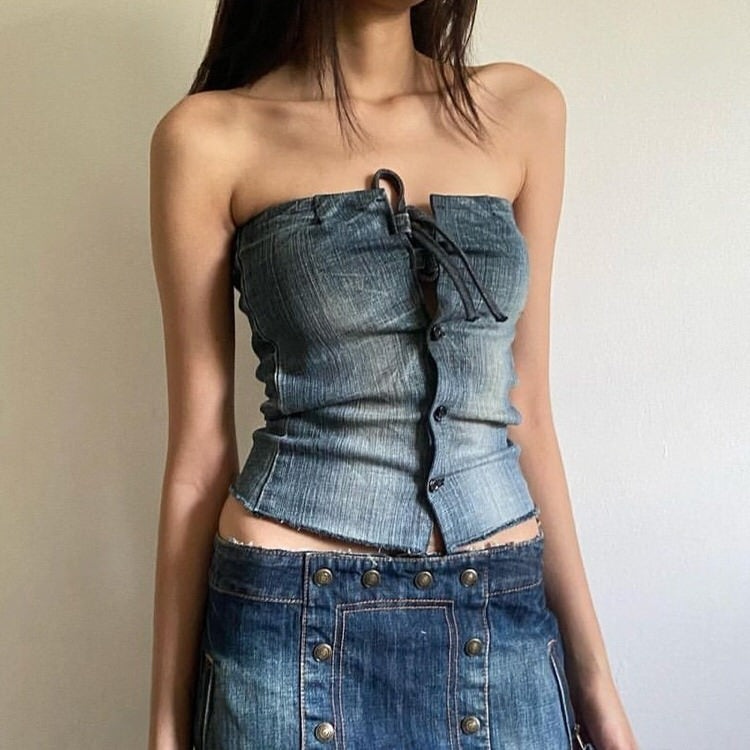 Lace Up Denim Corset Top