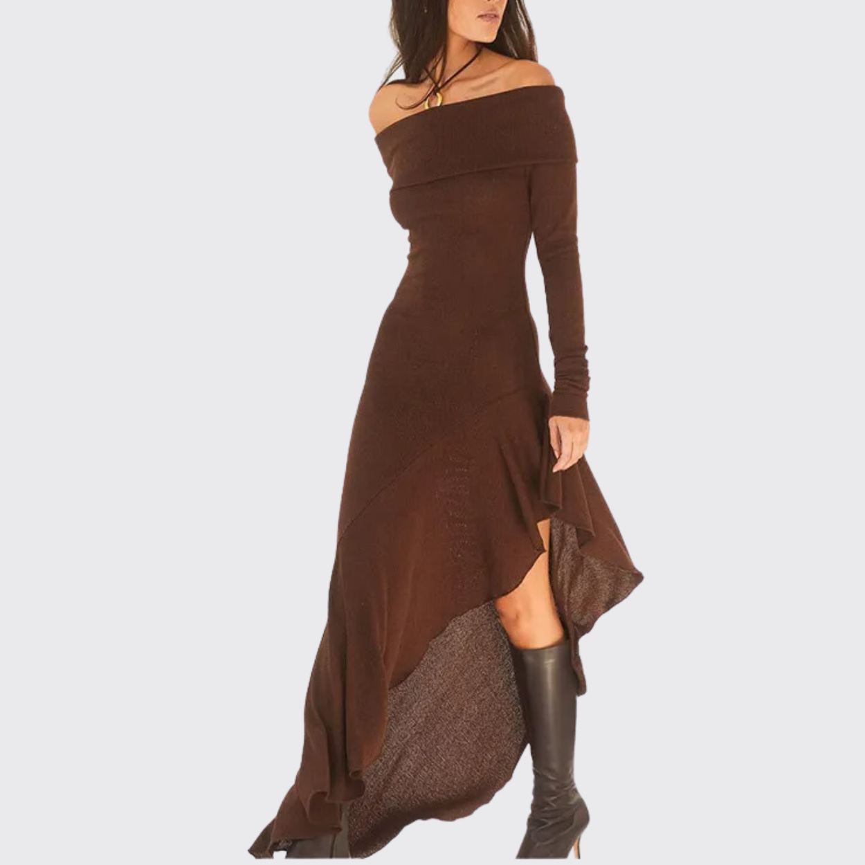 Brown Off Shoulder Long Sleeve Ruffle Slit Dress