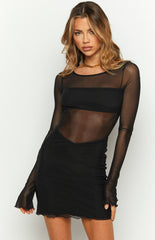 Maddison Black Long Sleeve Mesh Mini Dress