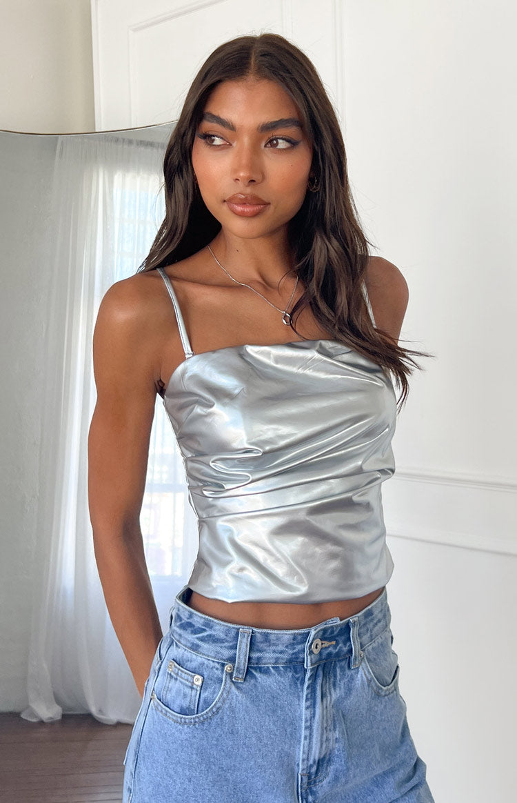 Never There Silver Metallic Strapless Top