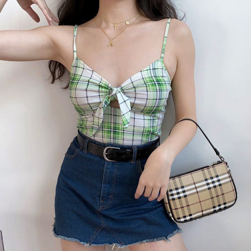 Lime Plaid Bow Tie Cami ~ HANDMADE