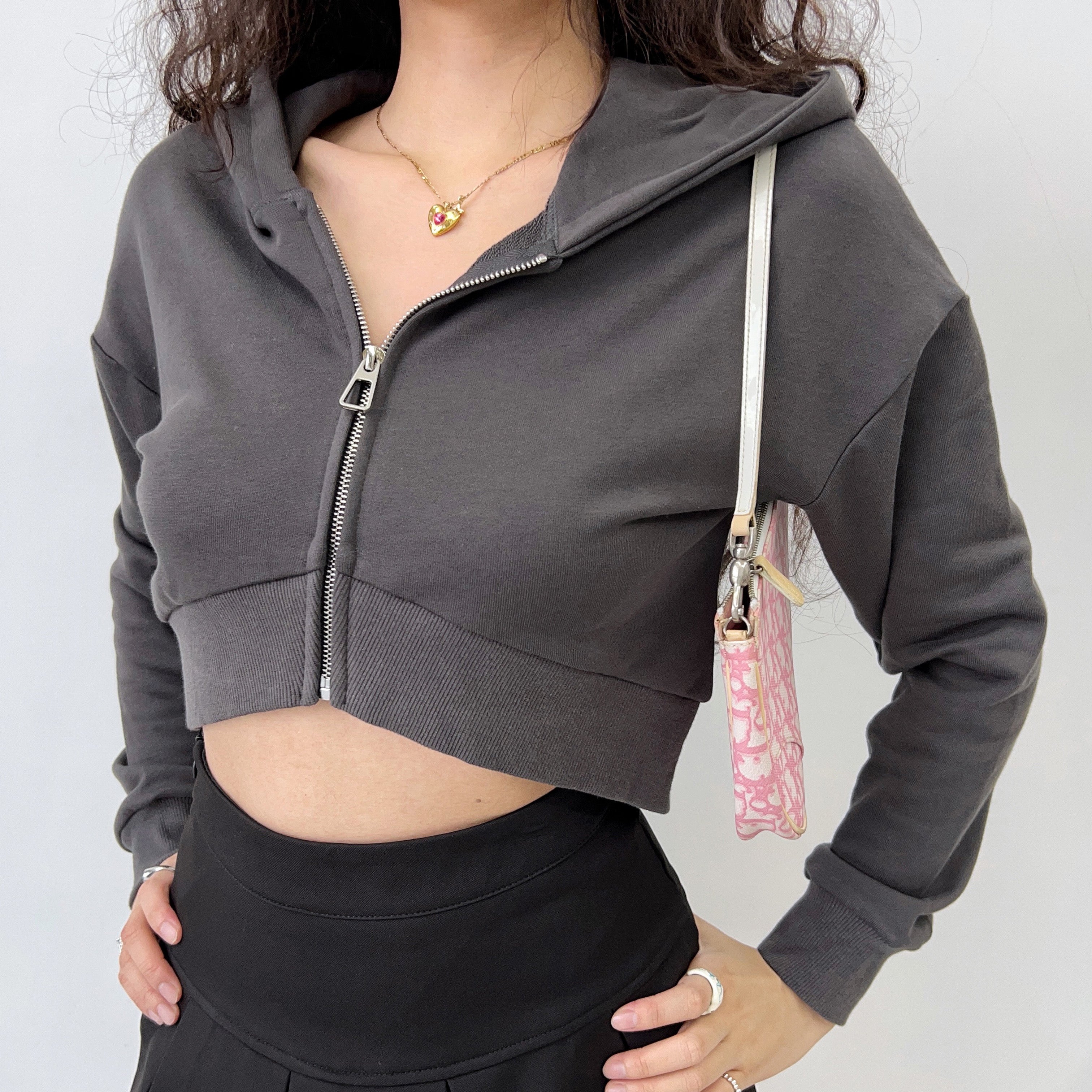 Simple Cropped Zip Up Hoodie