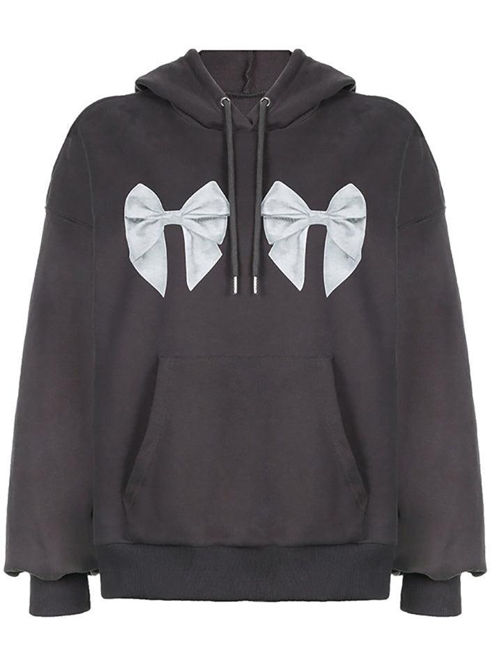 Street Bow Print Drawstring Oversized Hoodie