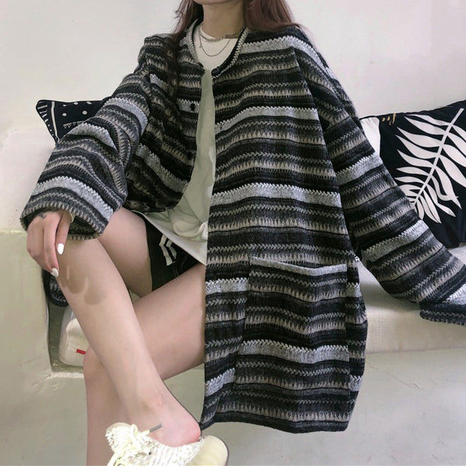 80's Grandma Striped Cardigan Sweater