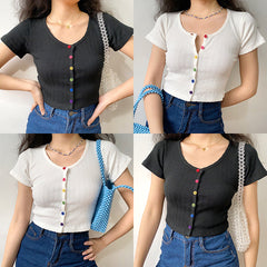 Rainbow Buttons U-Neck Tee Handmade