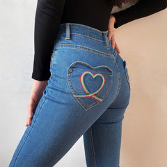 Rainbow Love Heart Bell Bottom Jeans ~ HANDMADE