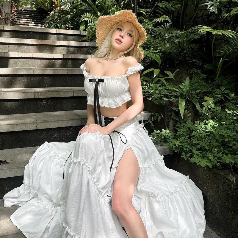 Off-The-Shoulder Ruffled Top With Slit Pleated Long Skirt