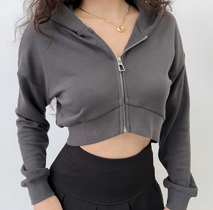 Simple Cropped Zip Up Hoodie