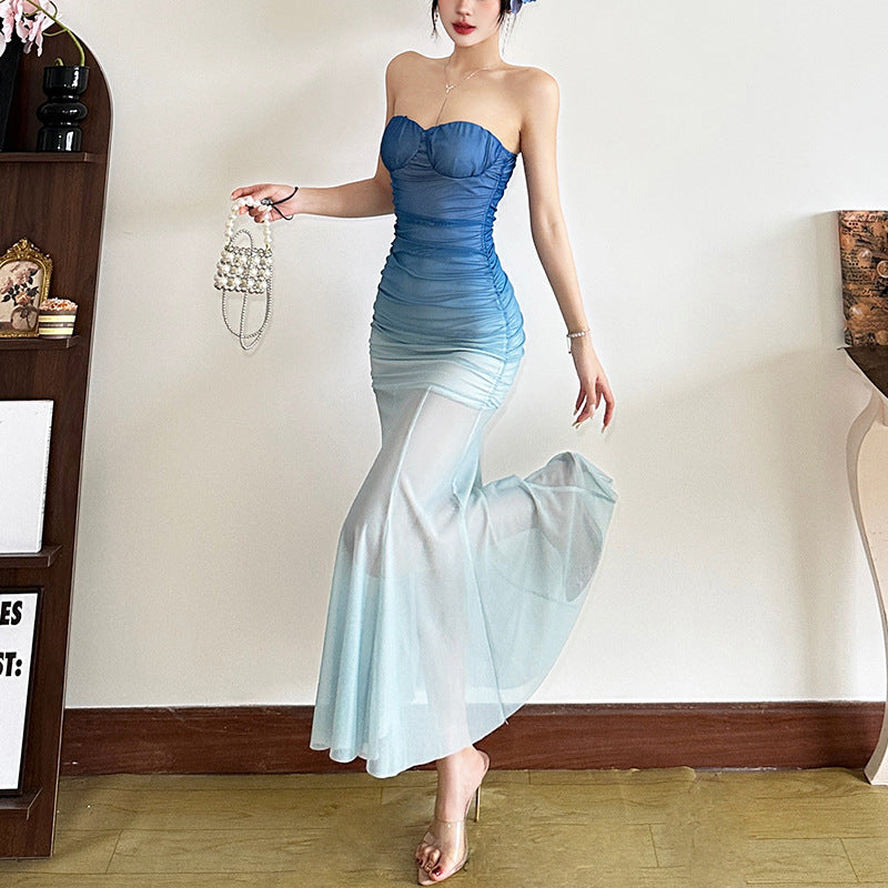Slim Gradient Fairy Style Pleated Fishtail Dress