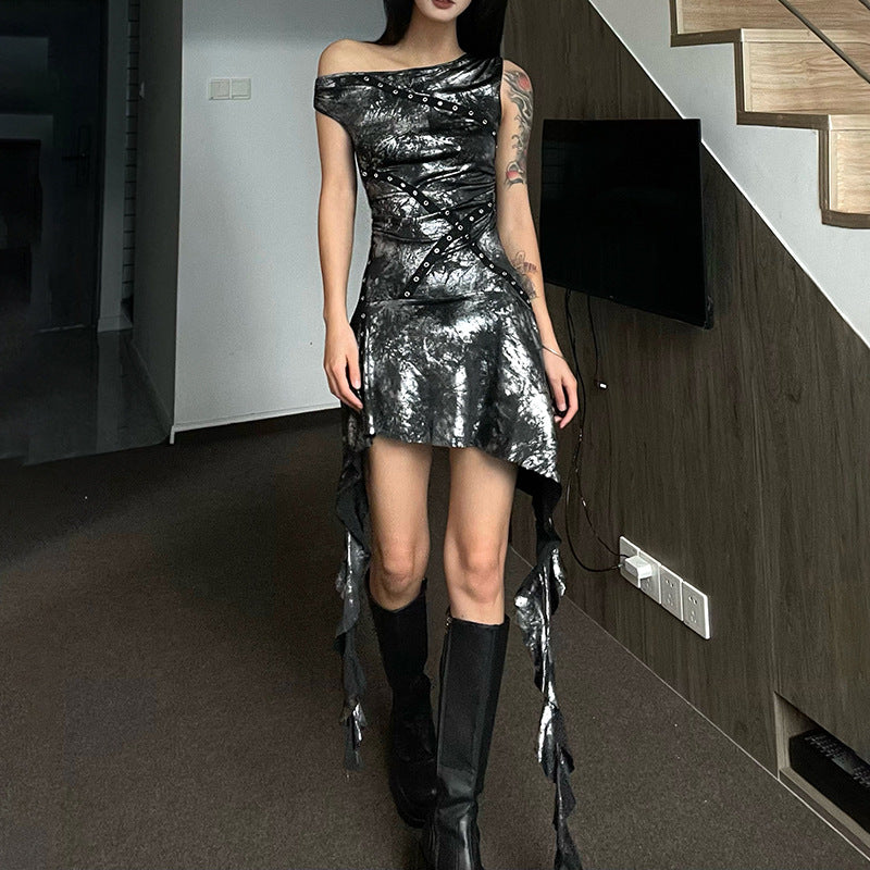 Slant Collar Distressed Print Slim Fit Ruffled Dress