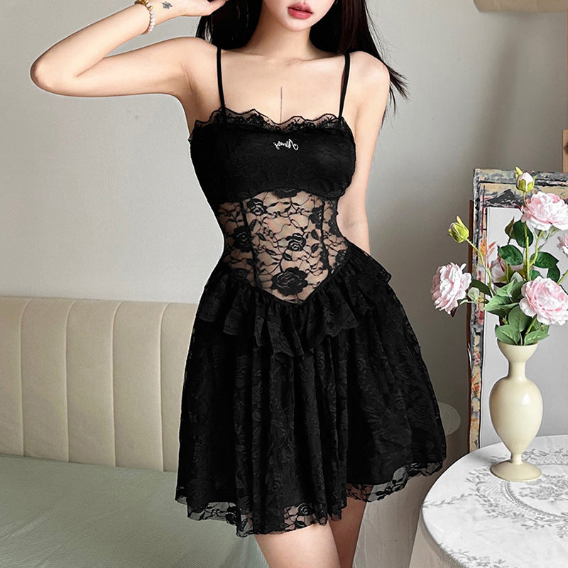 Sweet black lace suspender dress