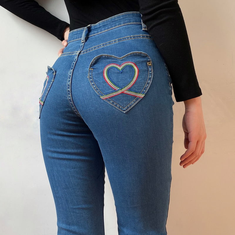 Rainbow Love Heart Bell Bottom Jeans ~ HANDMADE