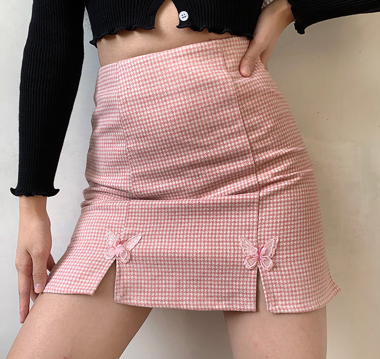 Butterfly Houndstooth Split Skirt ~ HANDMADE