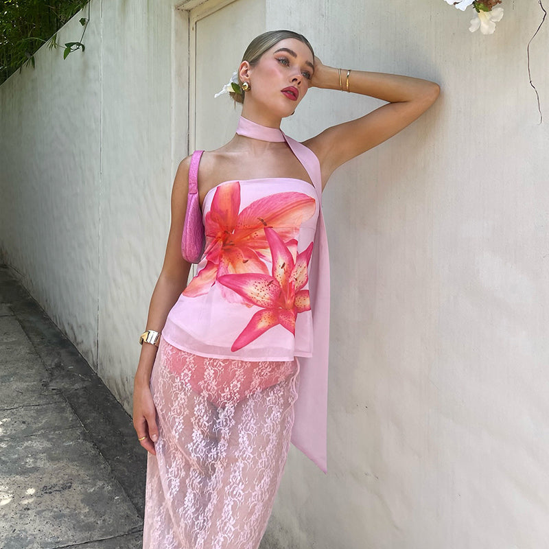 Sierra Pink Floral Mesh Halter Top