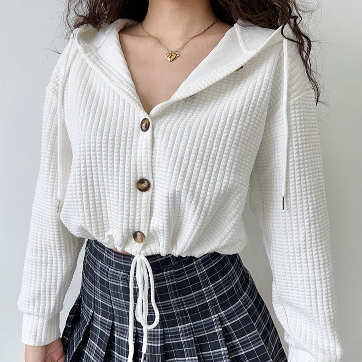 Waffle Drawstring Oversized Pullover