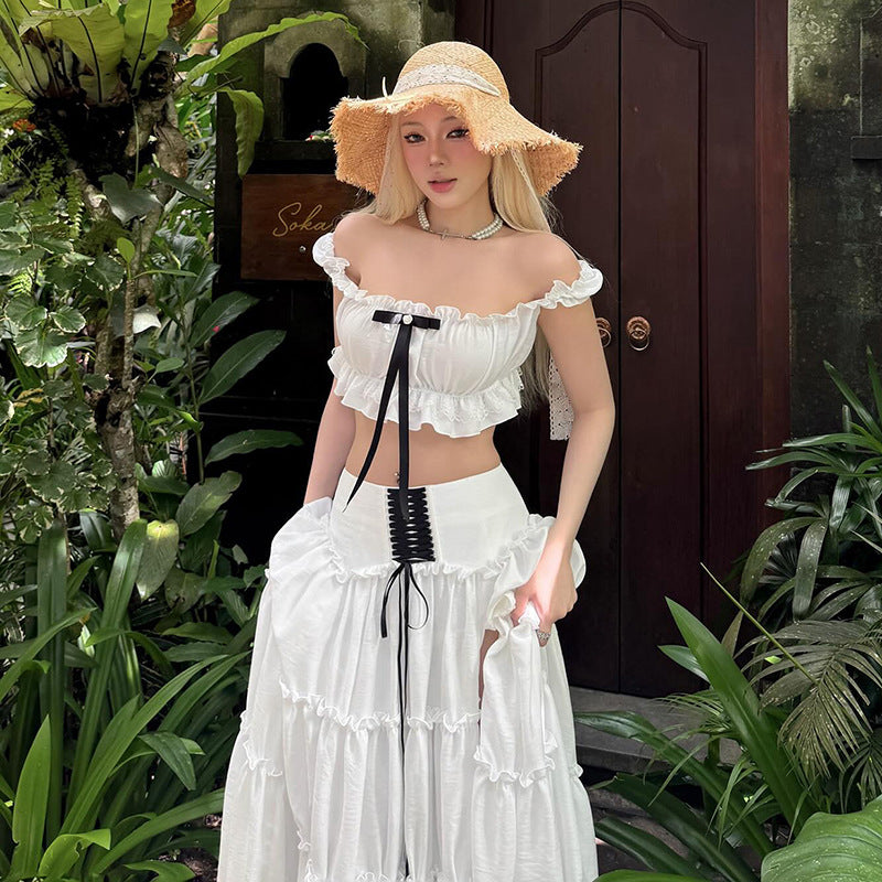Off-The-Shoulder Ruffled Top With Slit Pleated Long Skirt