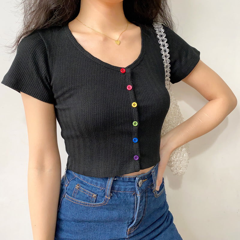 Rainbow Buttons U-Neck Tee Handmade