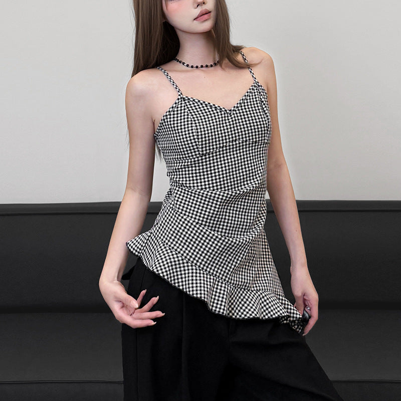 Black and White Plaid Ruffled Hem Suspender Top