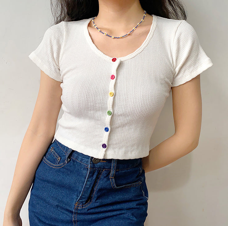 Rainbow Buttons U-Neck Tee Handmade