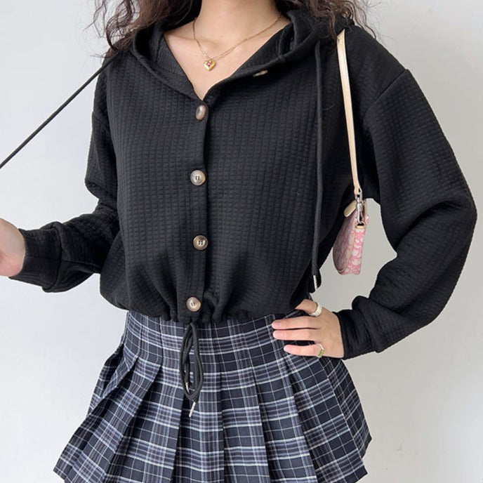 Waffle Drawstring Oversized Pullover