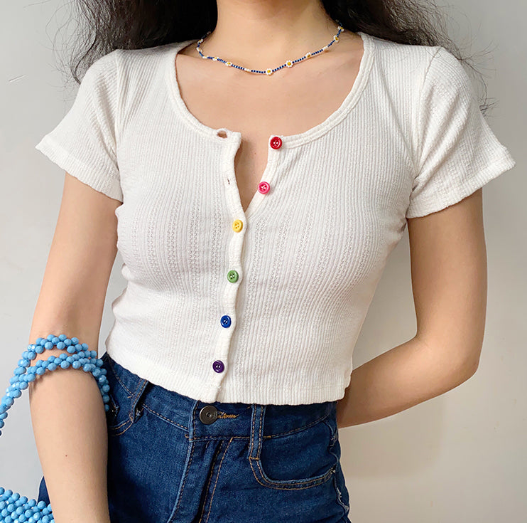 Rainbow Buttons U-Neck Tee Handmade