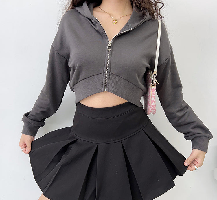 Simple Cropped Zip Up Hoodie