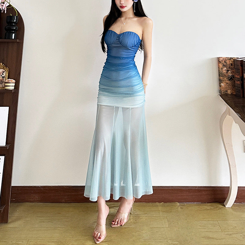 Slim Gradient Fairy Style Pleated Fishtail Dress