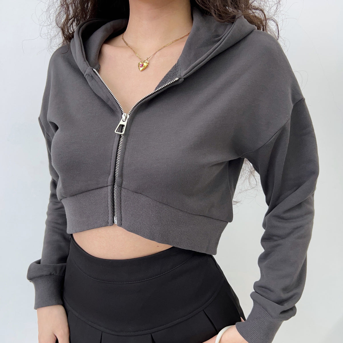 Simple Cropped Zip Up Hoodie